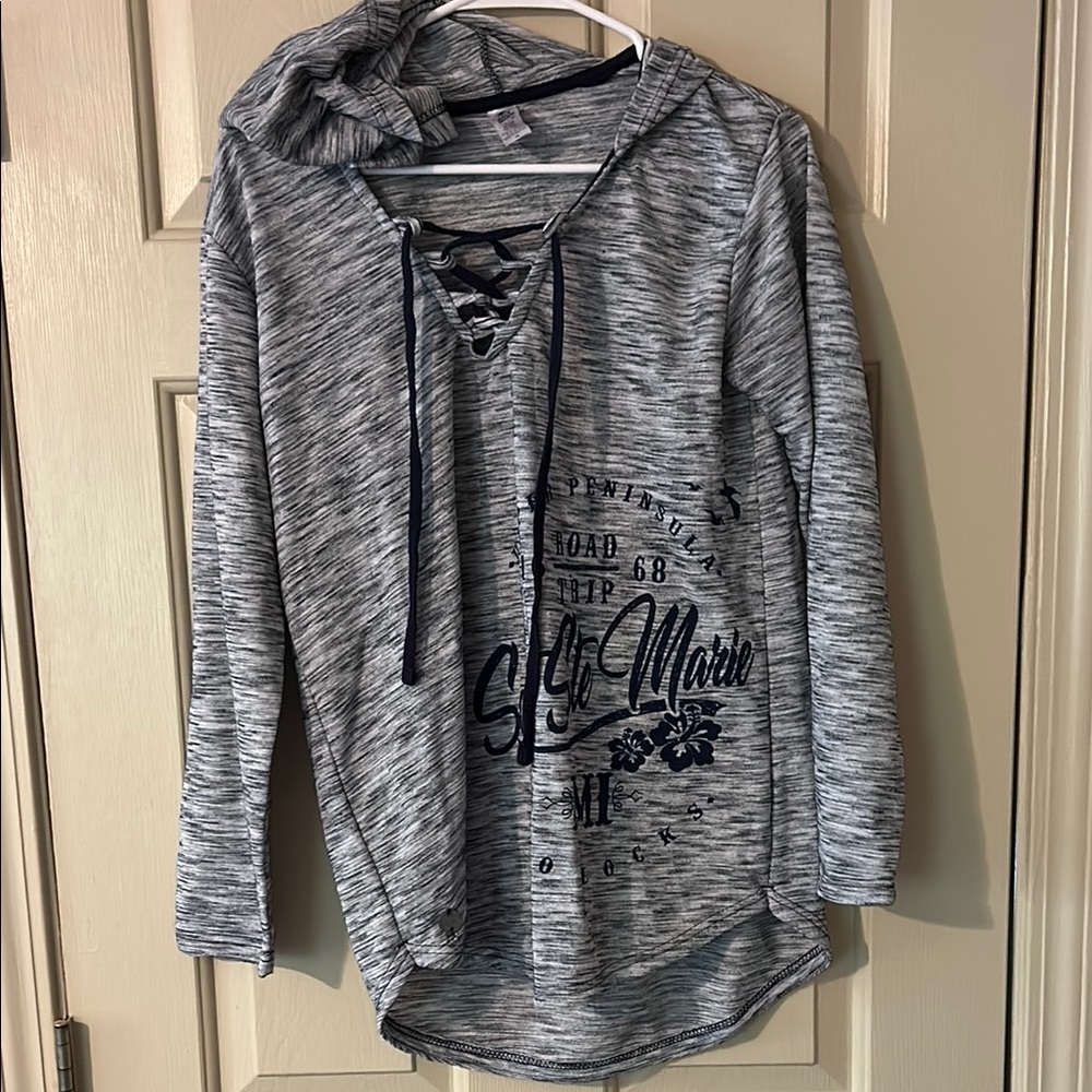 Gray Lace-Up Hoodie with Graphic Print